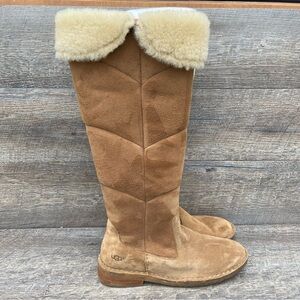 UGG Samantha Tan Suede Knee Boots Size 7 Shearling Lined Wear Cuffed Women’s
